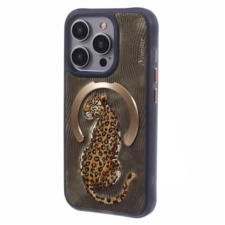 Nimmy Design Dreamy Animal Series Magnetic Safe Case for Apple iPhone 16 Pro 3D Embroidery Anti-Slip Scratch Resistant Protective Cover (Golden Leopard)