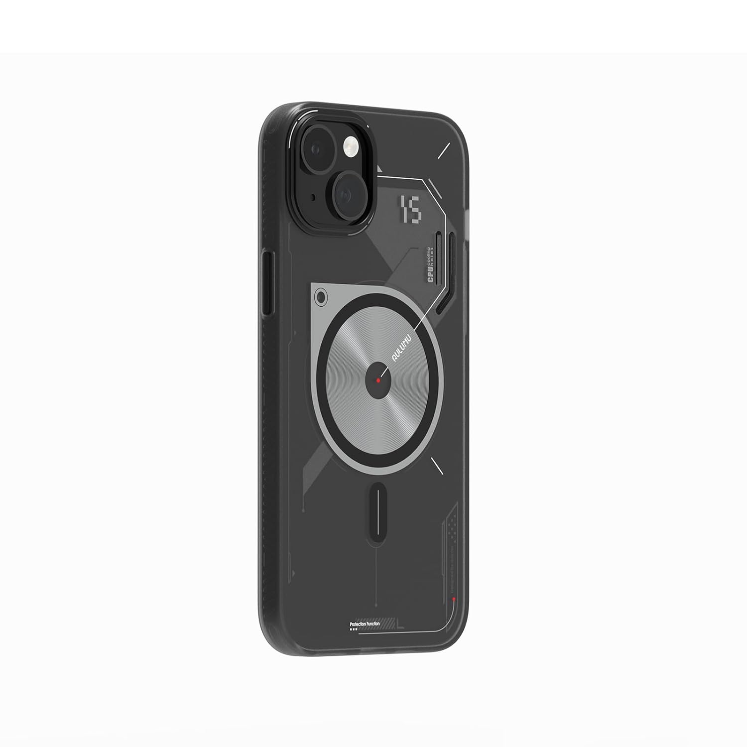 Aulumu A15 TPU for iPhone 15 Magnetic Case - IMD Technology - Compatible with Magsafe [Aluminum Alloy Camera Frame] Semitranslucent - Black