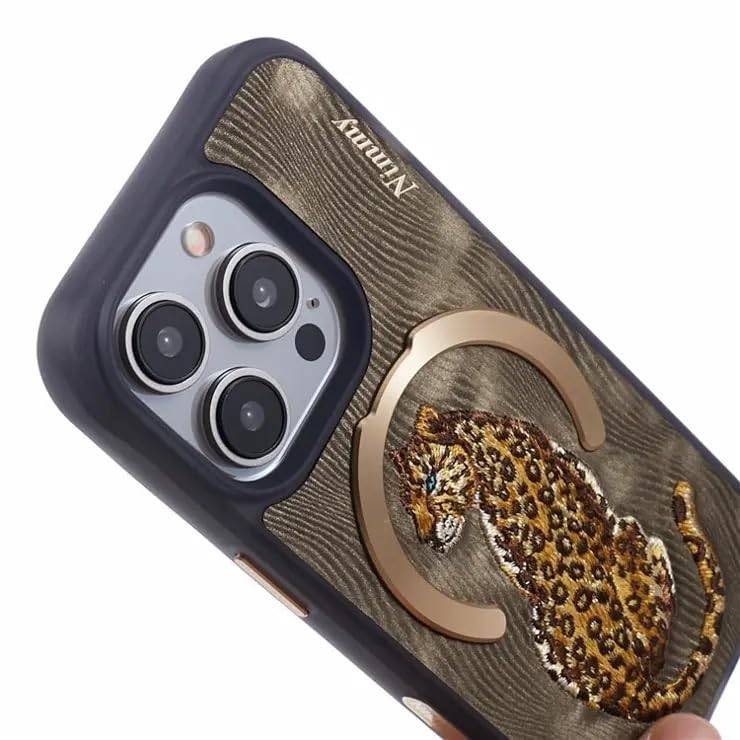 Nimmy Design Dreamy Animal Series Magnetic Safe Case for Apple iPhone 16 3D Embroidery Anti-Slip Scratch Resistant Protective Cover (Golden Leopard)