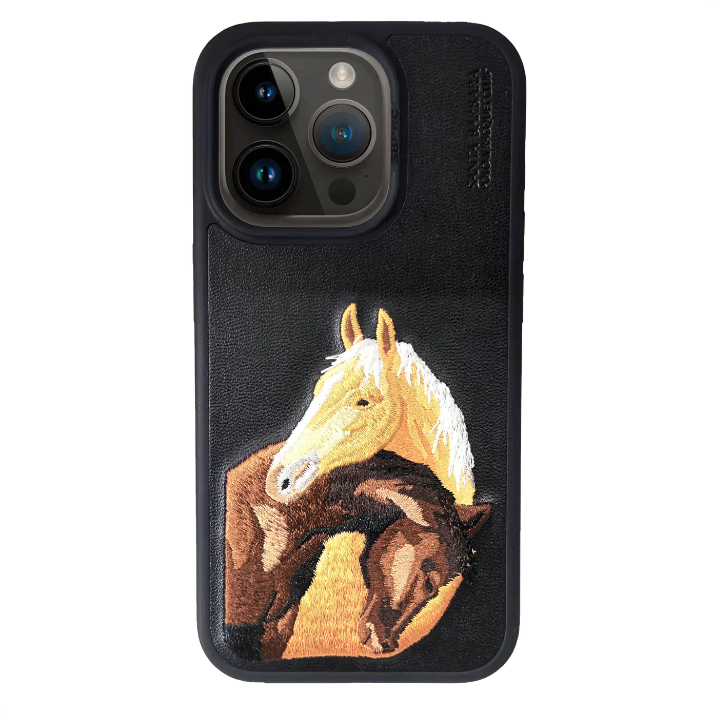 The ISIDORE Series Genuine Santa Barbara Polo Mobile Back Cover for iPhone 15 |Men and Women||Horse Series||Embroidery Cover||Luxury Back Case||Free Leather Cover of Same Model Inside| (Black)