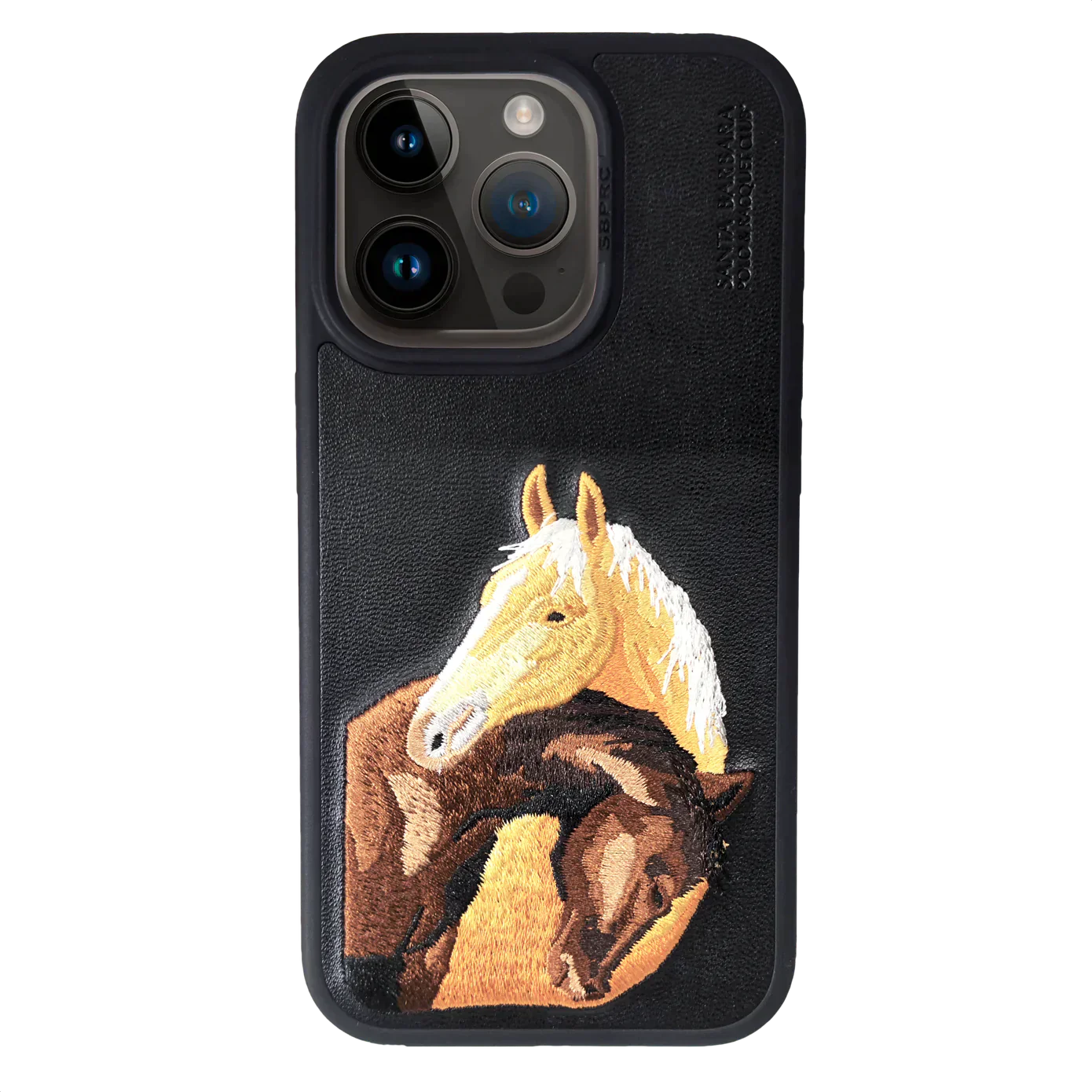 The ISIDORE Series Genuine Santa Barbara Polo Mobile Back Cover for iPhone 15 Pro Max|Men and Women||Horse Series||Embroidery Cover||Luxury Back Case||Free Leather Cover of Same Model Inside| (Black)