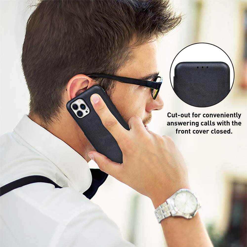 iPhone 13 Pro Leather Flip Cover with Card Slot & Kickstand Function – Black