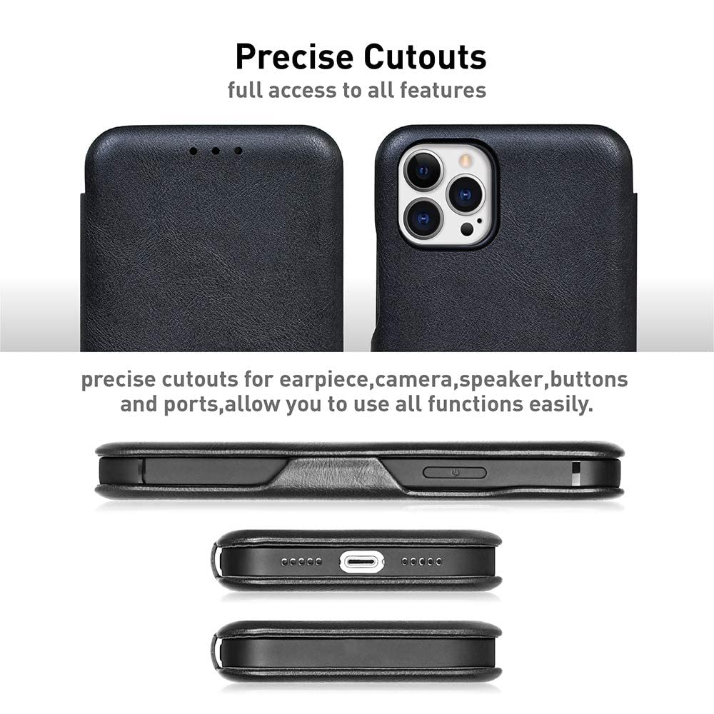 iPhone 13 Pro Leather Flip Cover with Card Slot & Kickstand Function – Black