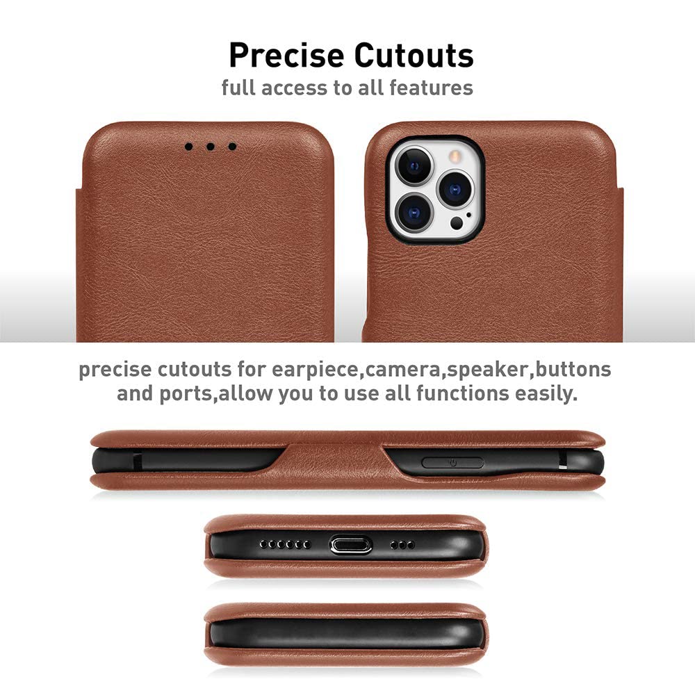 iPhone 13 Pro Leather Flip Cover with Card Slot & Kickstand Function – Brown