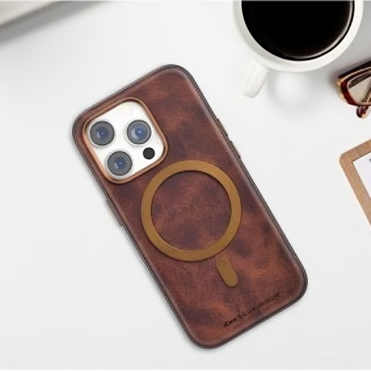 iPhone 16 Pro Max Classic Business Series Leather Case with Metal Magsafe Ring - Brown