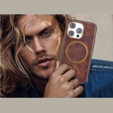 iPhone 14 Icon Leather Case with Metal MagSafe Ring - Brown
