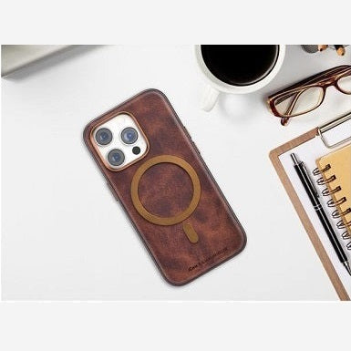 iPhone 14 Pro Icon Leather Case with Metal MagSafe Ring - Brown