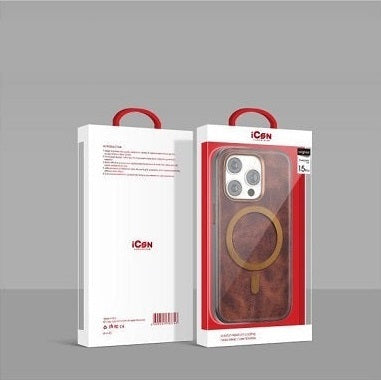 iPhone 14 Pro Icon Leather Case with Metal MagSafe Ring - Brown