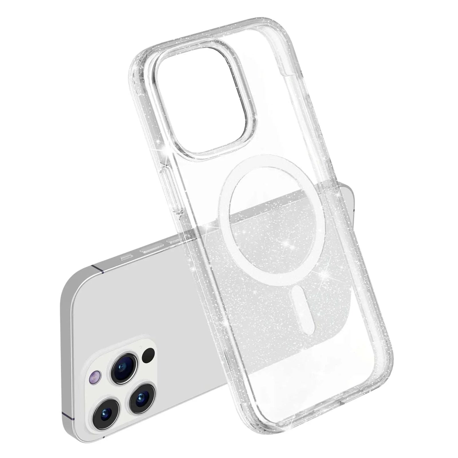 Glitter Magnetic Case for iPhone 15 Pro Max , Hard PC + Soft TPU Compatible with MagSafe Phone Cover - White