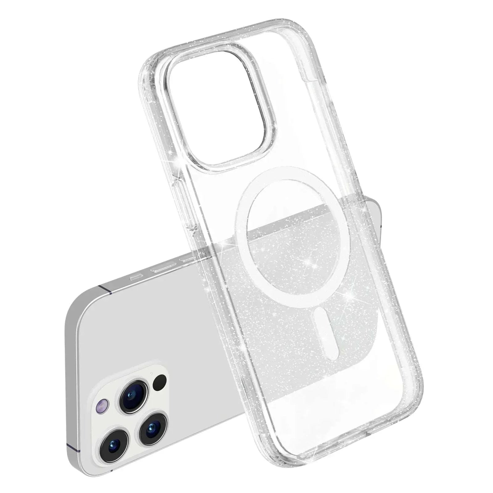 Glitter Magnetic Case for iPhone 15 , Hard PC + Soft TPU Compatible with MagSafe Phone Cover - White