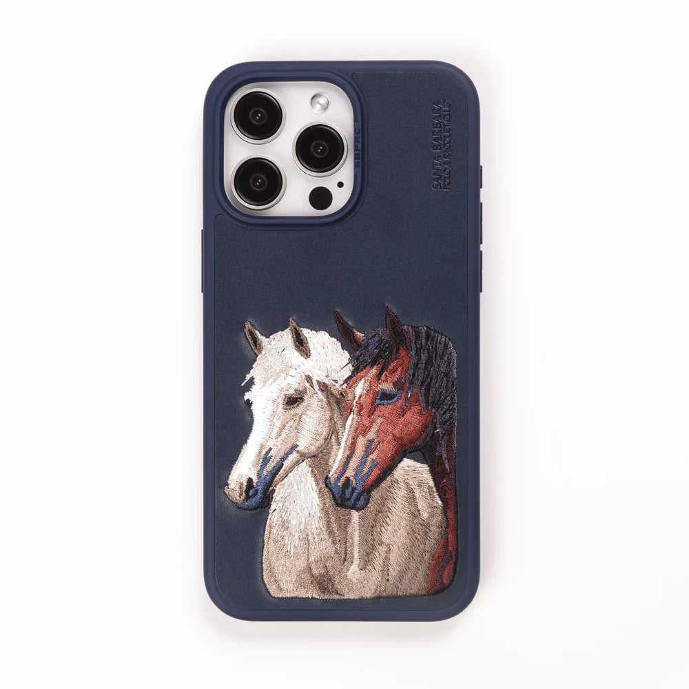 The ISIDORE Series Genuine Santa Barbara Polo Mobile Back Cover for iPhone 15 Plus|Men and Women||Horse Series||Embroidery Cover||Luxury Back Case||Free Leather Cover of Same Model Inside| (Navy Blue)