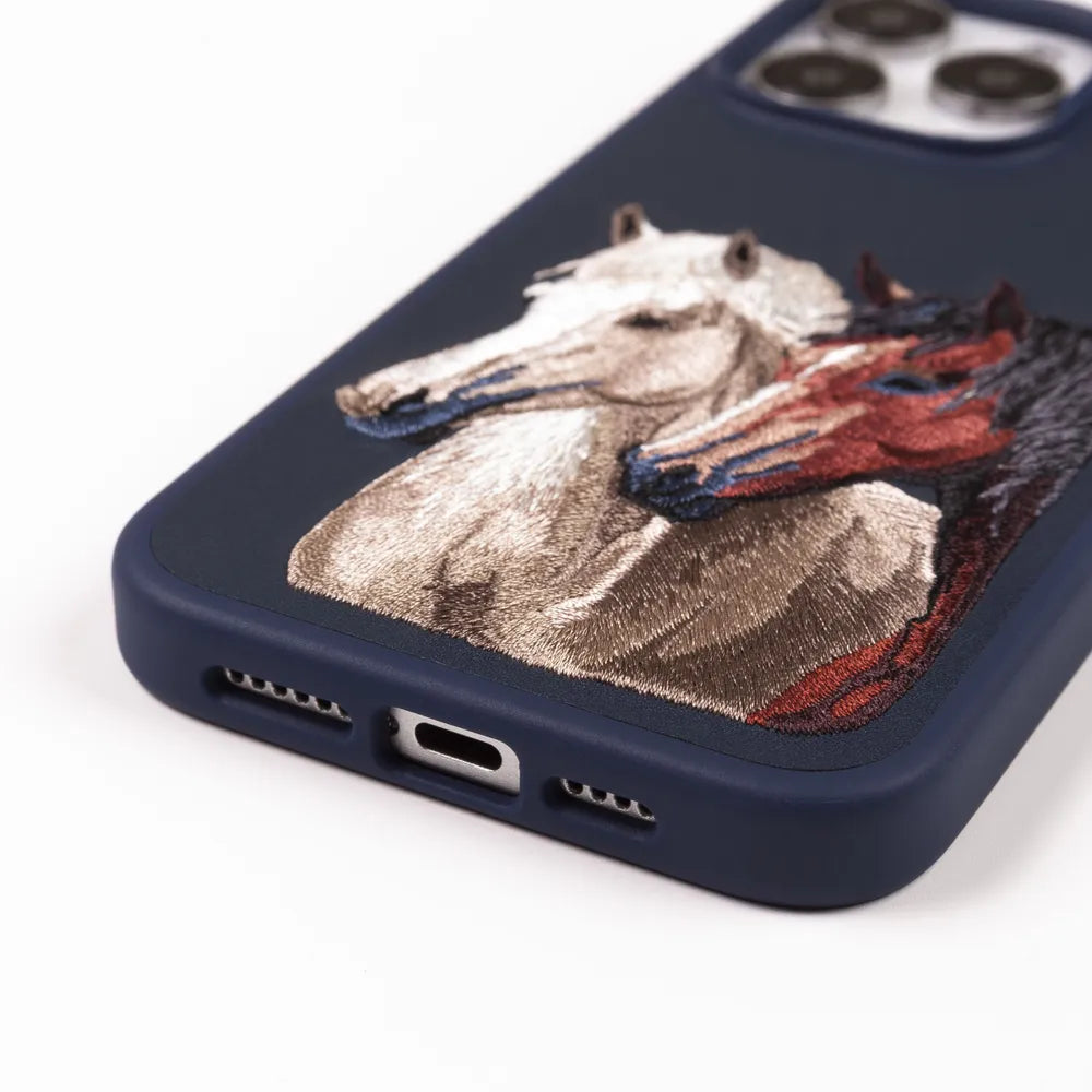 The ISIDORE Series Genuine Santa Barbara Polo Mobile Back Cover for iPhone 15 |Men and Women||Horse Series||Embroidery Cover||Luxury Back Case||Free Leather Cover of Same Model Inside| (Navy Blue)