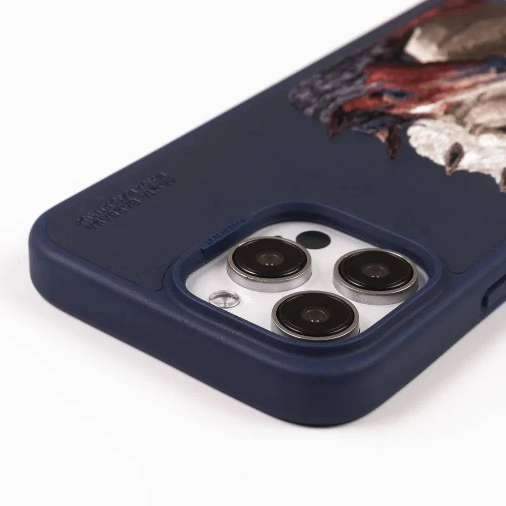 The ISIDORE Series Genuine Santa Barbara Polo Mobile Back Cover for iPhone 15 |Men and Women||Horse Series||Embroidery Cover||Luxury Back Case||Free Leather Cover of Same Model Inside| (Navy Blue)