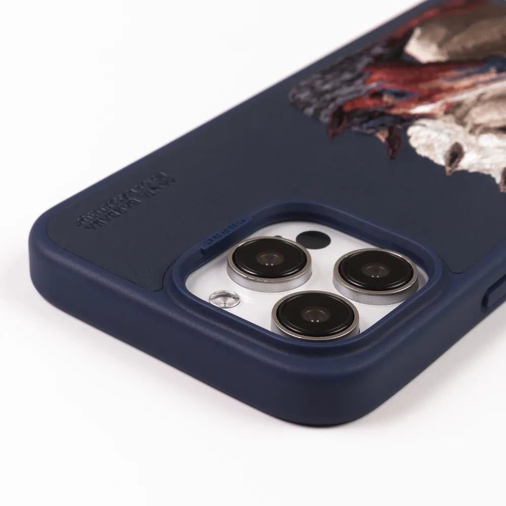The ISIDORE Series Genuine Santa Barbara Polo Mobile Back Cover for iPhone 15 Pro|Men and Women||Horse Series||Embroidery Cover||Luxury Back Case||Free Leather Cover of Same Model Inside| (Navy Blue)