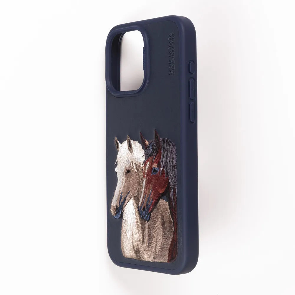 The ISIDORE Series Genuine Santa Barbara Polo Mobile Back Cover for iPhone 15 Pro|Men and Women||Horse Series||Embroidery Cover||Luxury Back Case||Free Leather Cover of Same Model Inside| (Navy Blue)