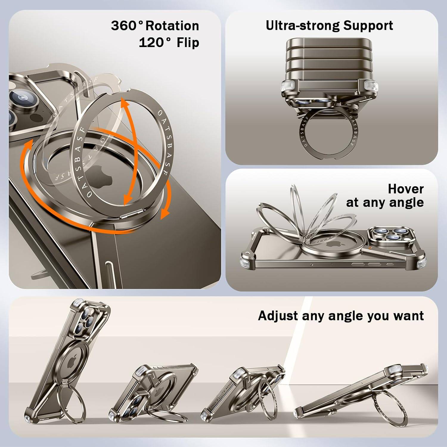 OATSBASF Minimalist Phone Case Compatible with iPhone 16 Pro Max, 360° Rotation Kickstand Aluminum Metal Frameless Design Bumper Z Case, Protective Shock Grade Shell, Natural Titanium