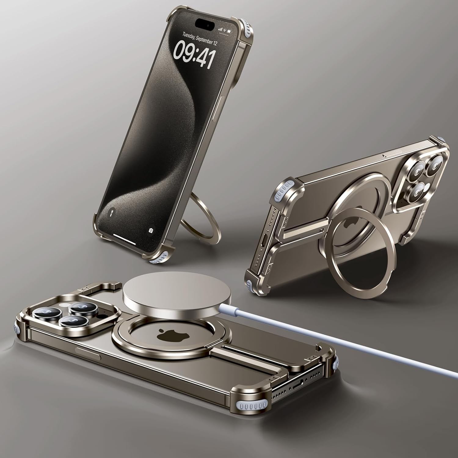 OATSBASF for iPhone 15 Pro Case, Sleek Minimalist Protective Shock Absorption Aerospace Grade Aluminum Shells with Built-in Kickstand Phone Case (K-Natural Titanium, for iPhone 15 Pro)