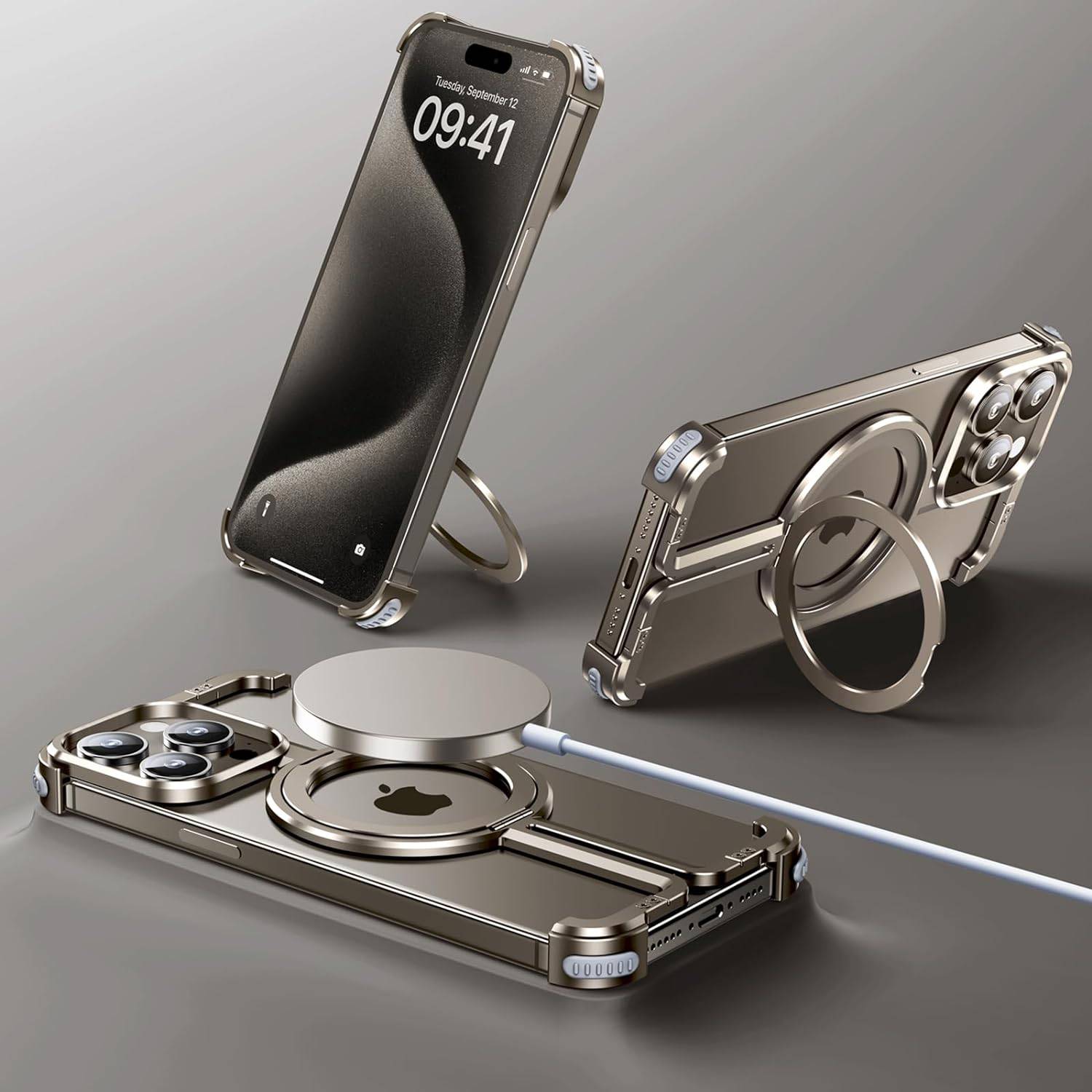 OATSBASF for iPhone 16 Pro Max Case, Sleek Minimalist Protective Shock Absorption Aerospace Grade Aluminum Shells with Built-in Kickstand Phone Case (Dessert Titanium, for iPhone 16 Pro Max)