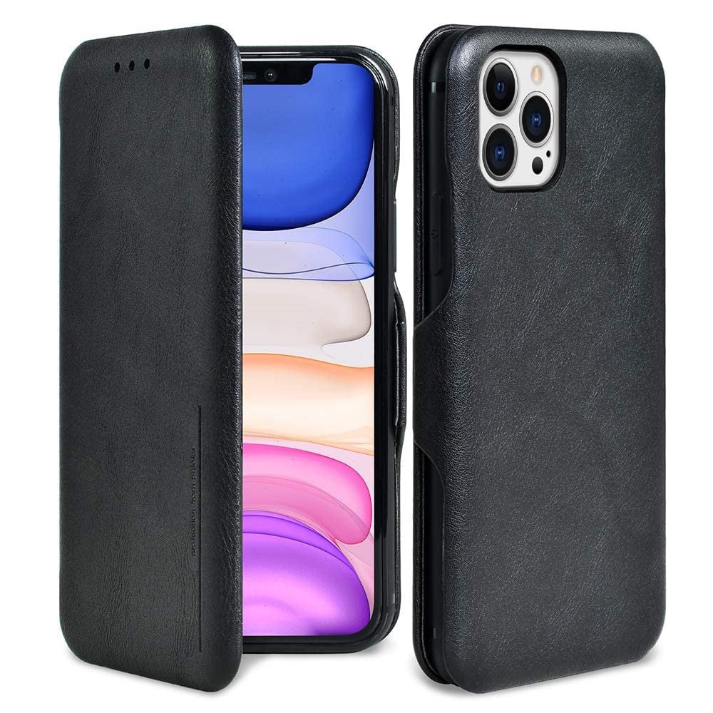 iPhone 13 Pro Leather Flip Cover with Card Slot & Kickstand Function – Black
