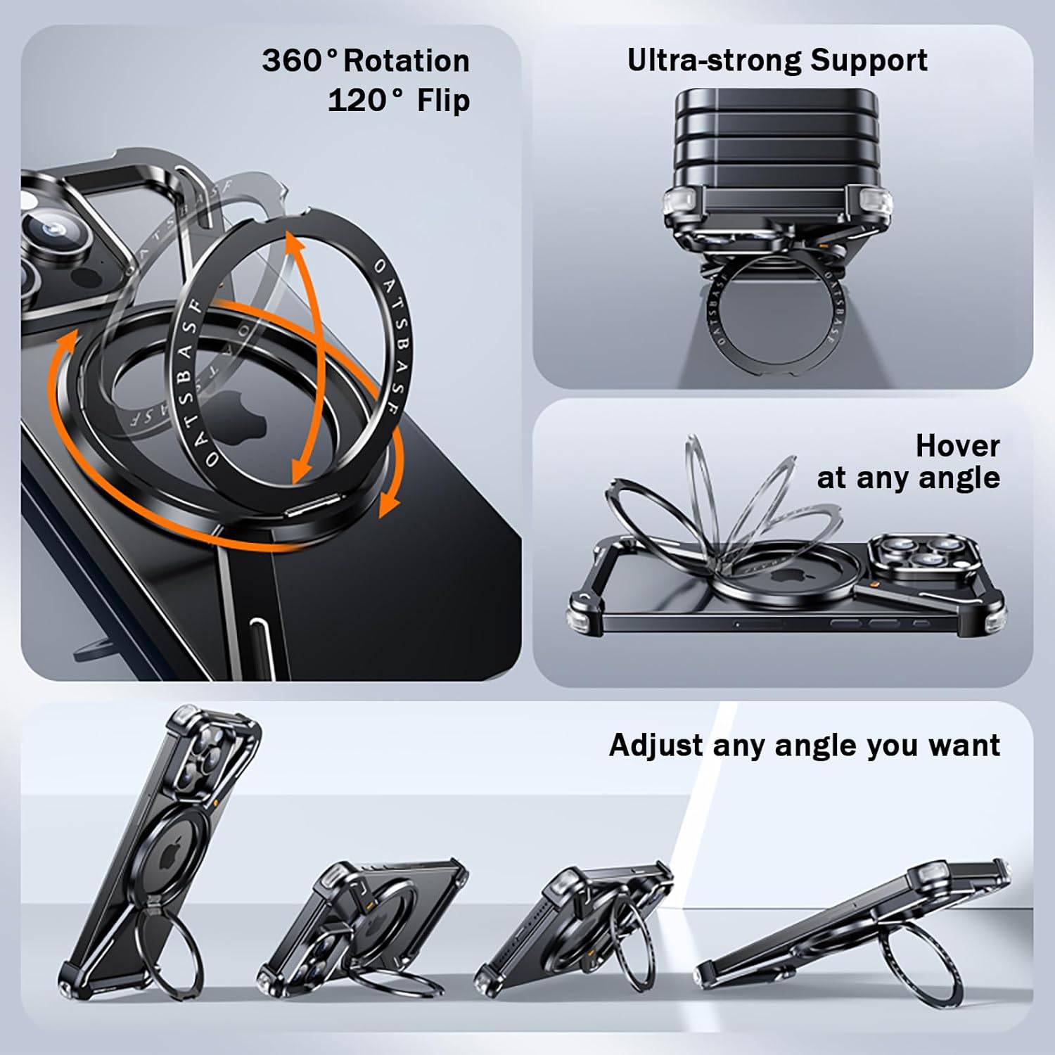 OATSBASF Minimalist Phone Case Compatible with iPhone 16 Pro Max, 360° Rotation Kickstand Aluminum Metal Frameless Design Bumper Z Case, Protective Shock Grade Shell, Black