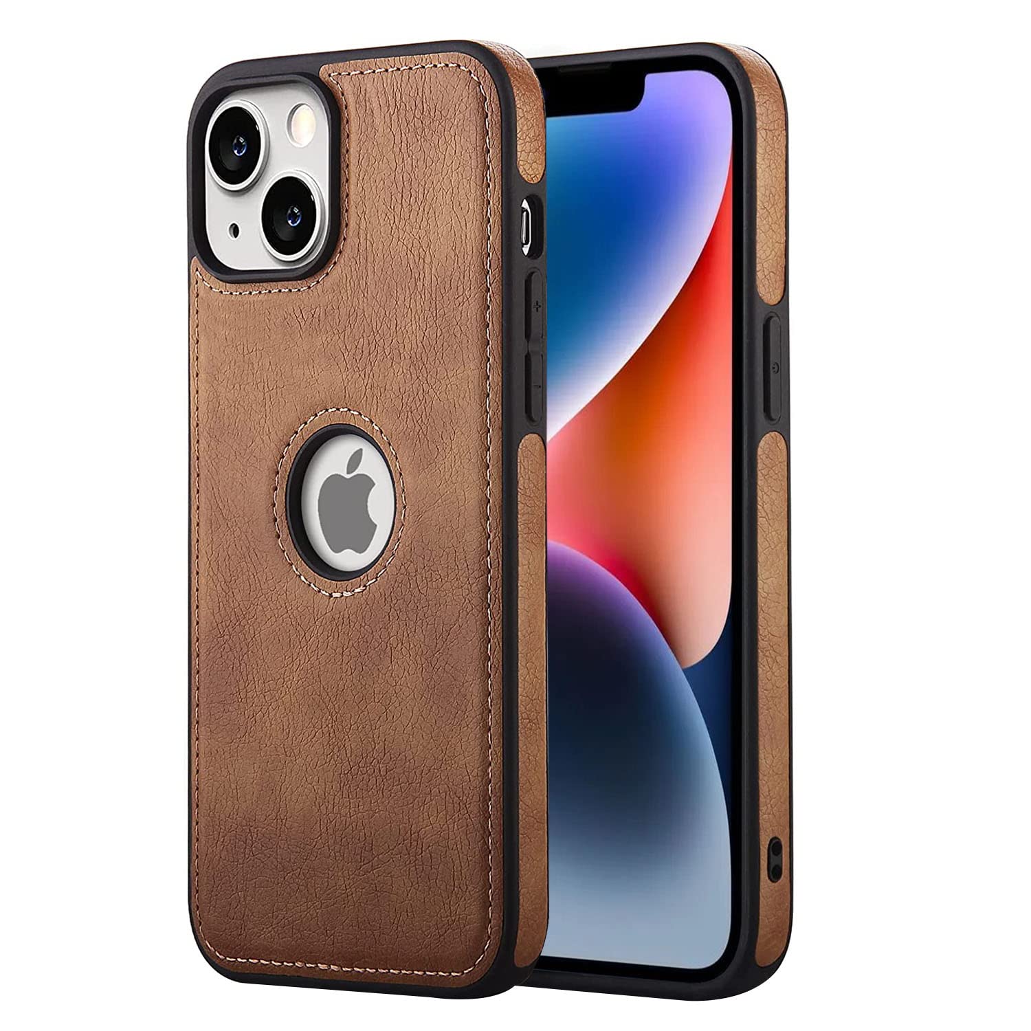iPhone 14 Max Classic Luxury Elegant PU Leather Case Cover with Logo Cut  - Brown