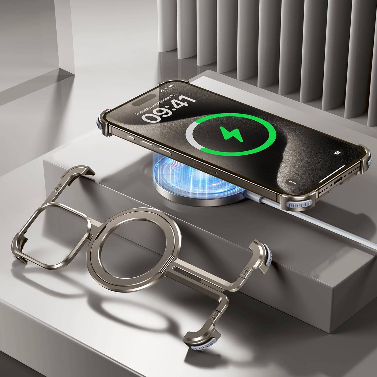 OATSBASF for iPhone 16 Pro Case, Sleek Minimalist Protective Shock Absorption Aerospace Grade Aluminum Shells with Built-in Kickstand Phone Case (Dessert Titanium, for iPhone 16 Pro)