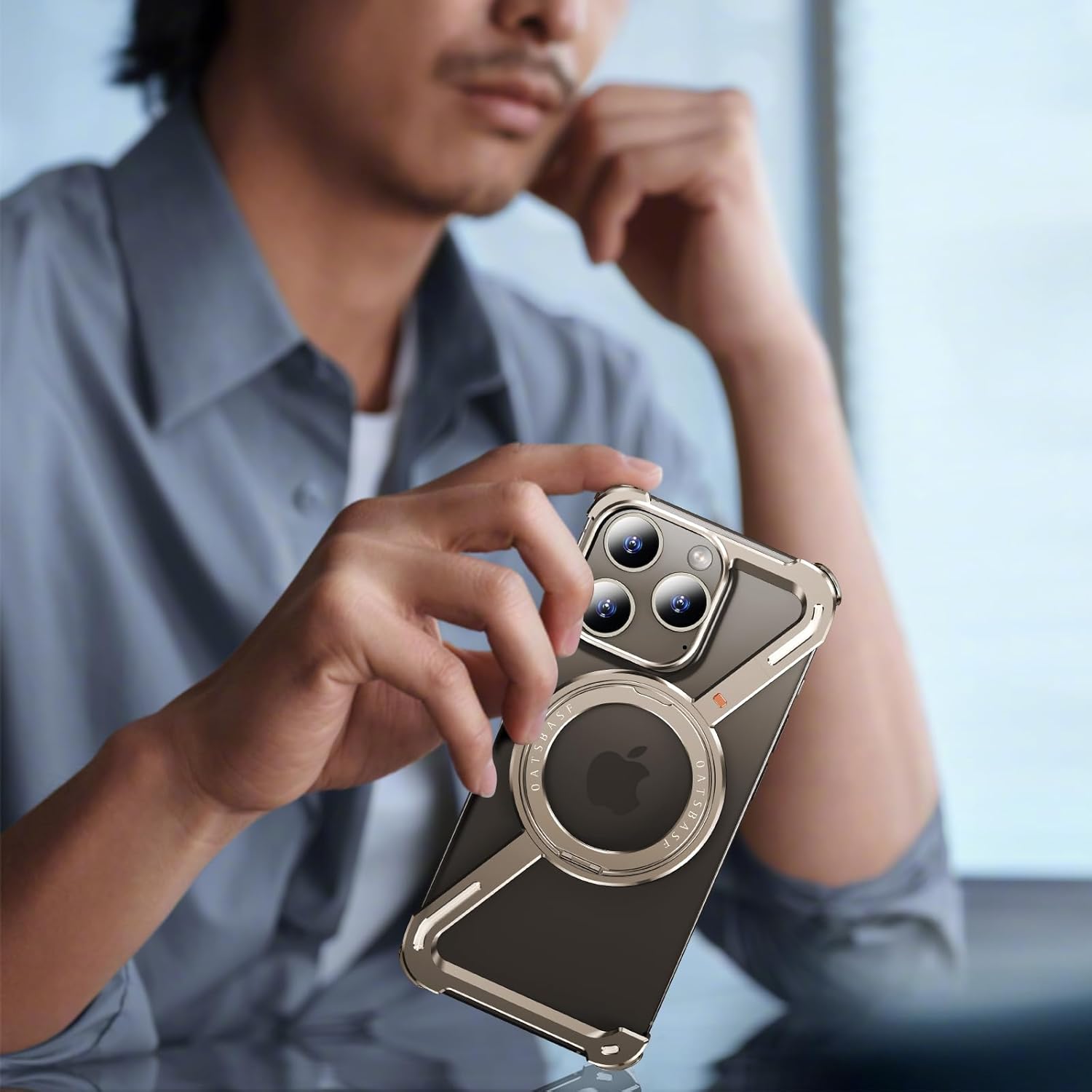 OATSBASF Minimalist Phone Case Compatible with iPhone 16 Pro Max, 360° Rotation Kickstand Aluminum Metal Frameless Design Bumper Z Case, Protective Shock Grade Shell, Desert Titanium