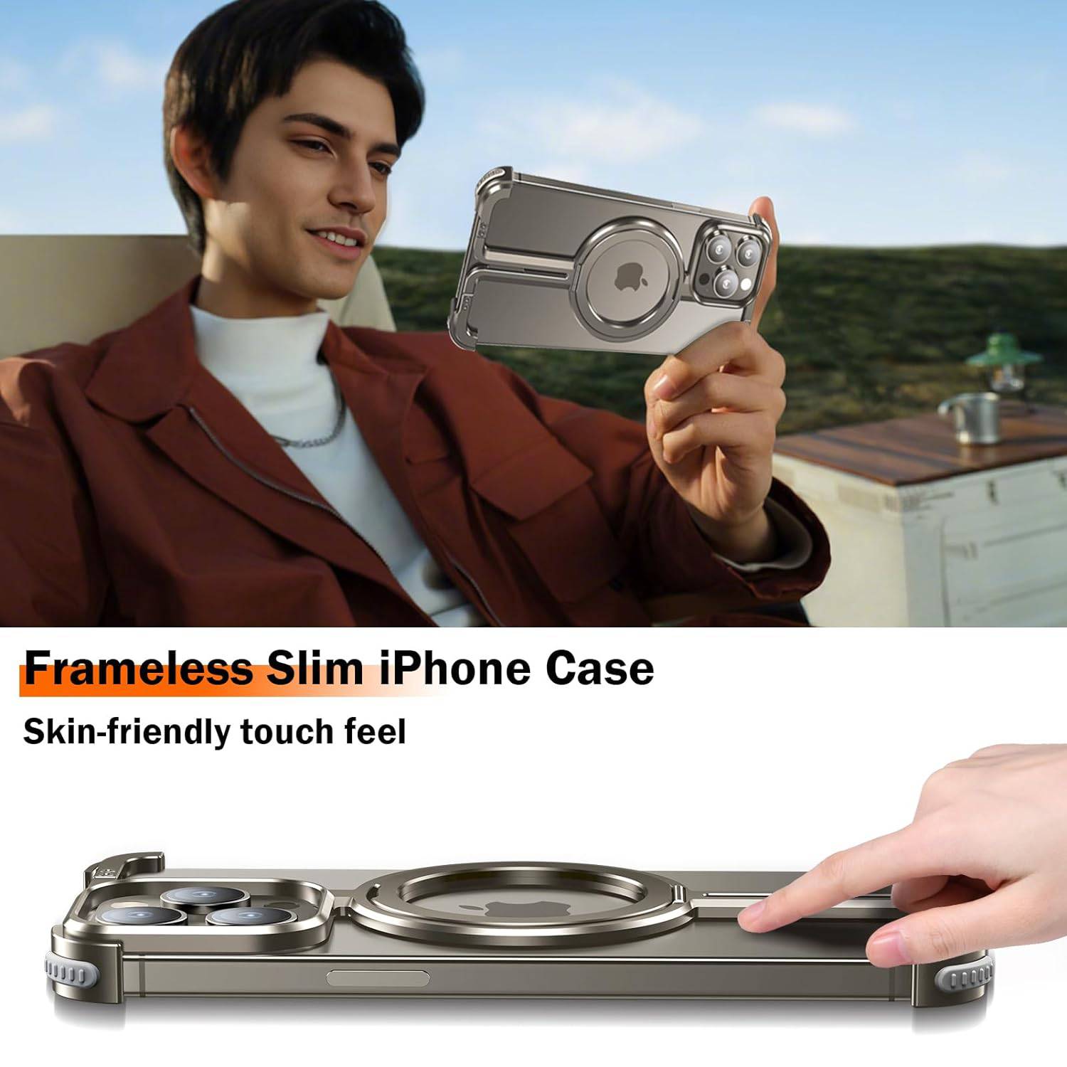 OATSBASF for iPhone 15 Pro Max Case, Sleek Minimalist Protective Shock Absorption Aerospace Grade Aluminum Shells with Built-in Kickstand Phone Case (K-Natural Titanium, for iPhone 15 Pro Max)