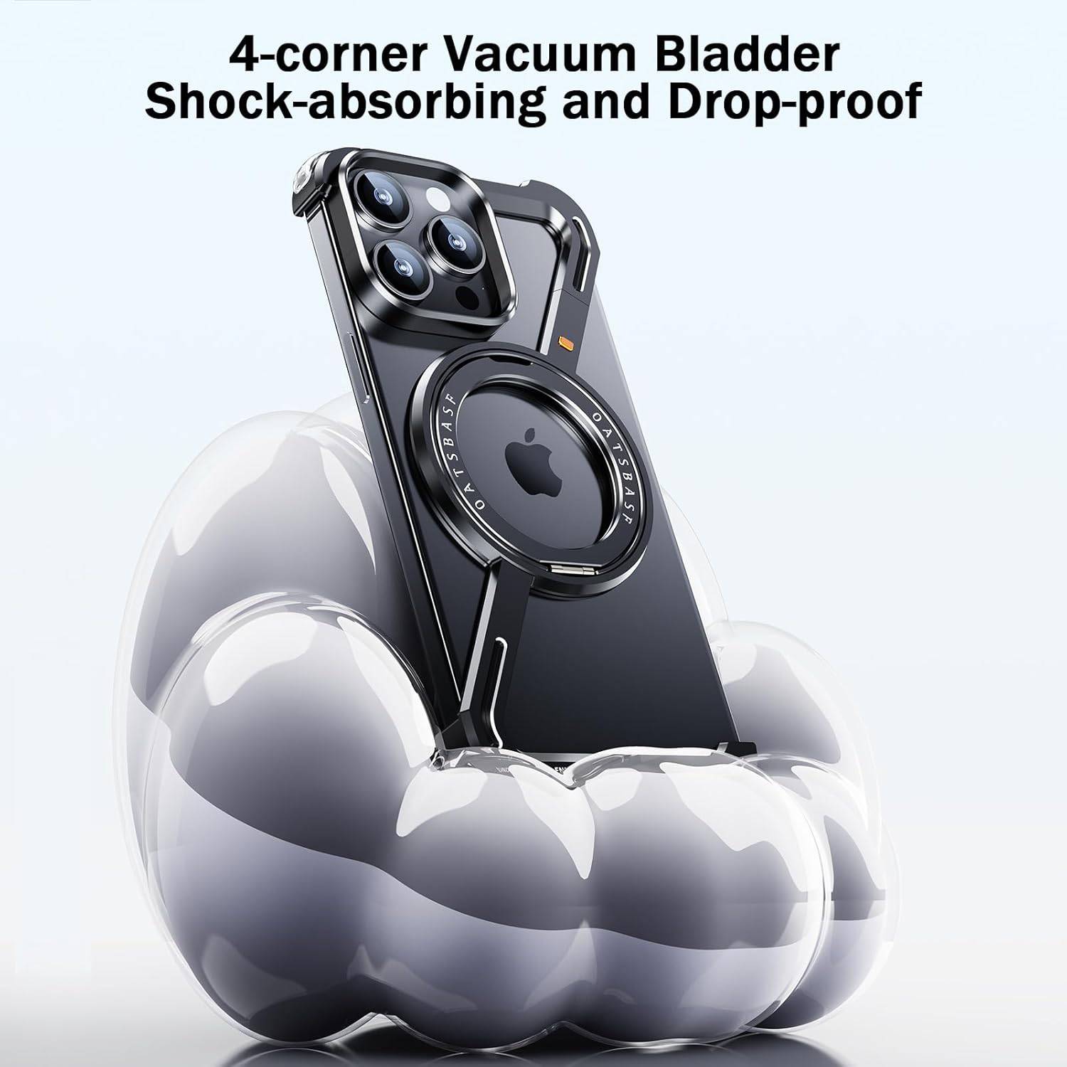 OATSBASF Minimalist Phone Case Compatible with iPhone 16 Pro, 360° Rotation Kickstand Aluminum Metal Frameless Design Bumper Z Case, Protective Shock Grade Shell, Black