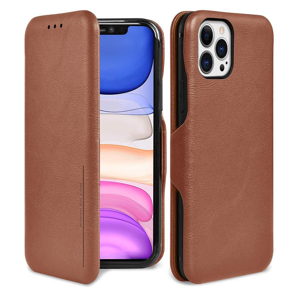 iPhone 13 Pro Leather Flip Cover with Card Slot & Kickstand Function – Brown