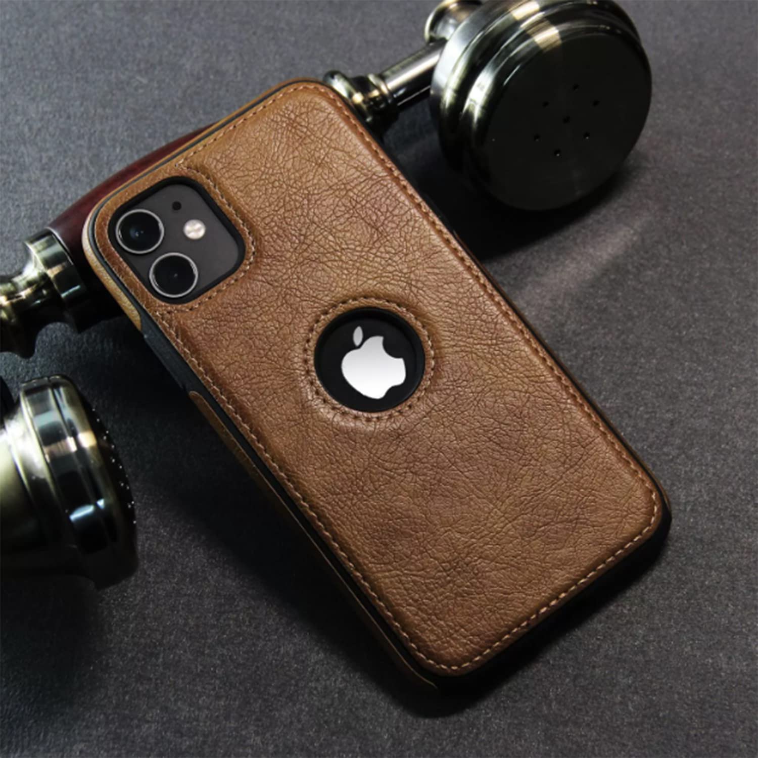 iPhone 12 Original PU Leather Case Classic Luxury Elegant with Logo Cut-Brown