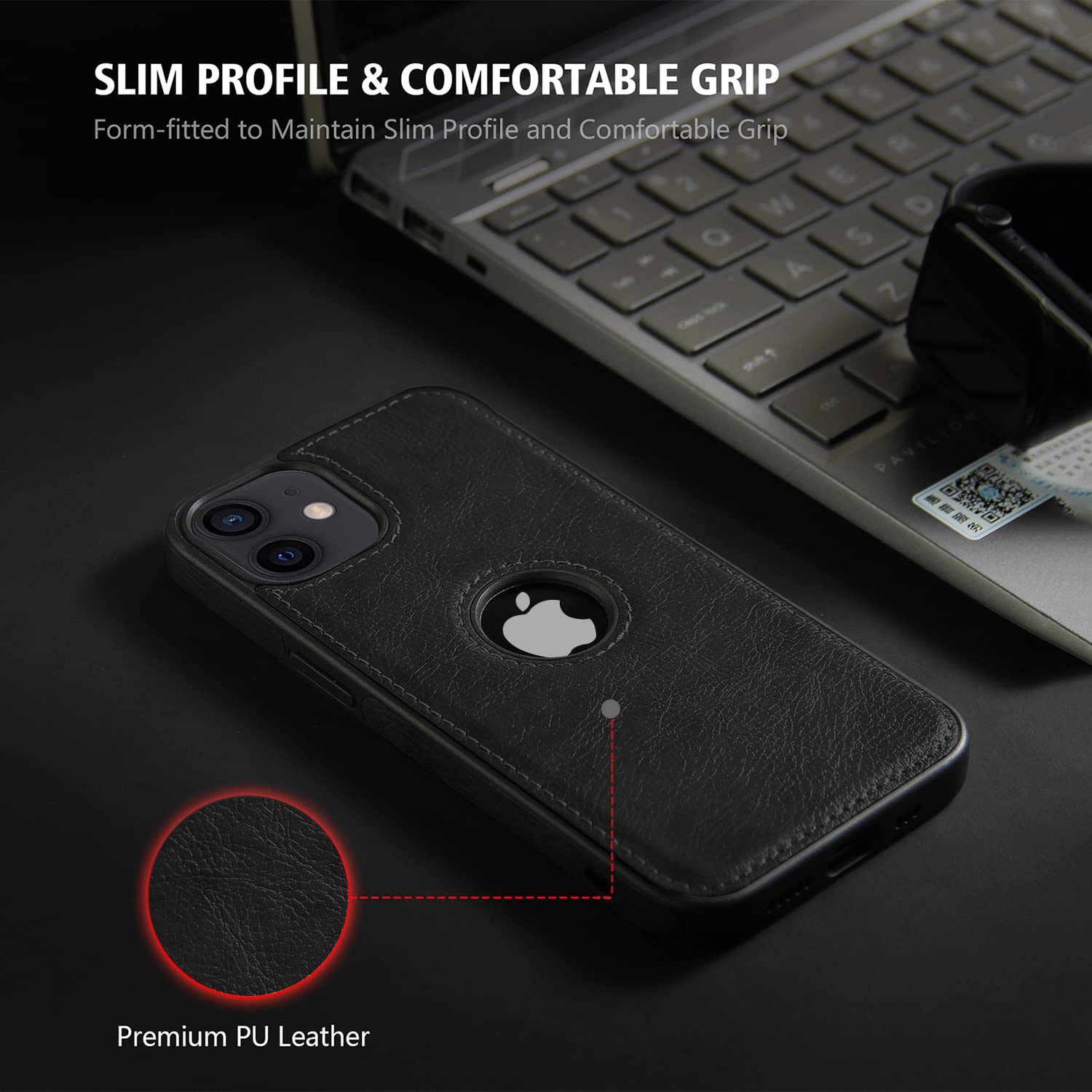 iPhone 12 Original PU Leather Case Classic Luxury Elegant with Logo Cut-Black