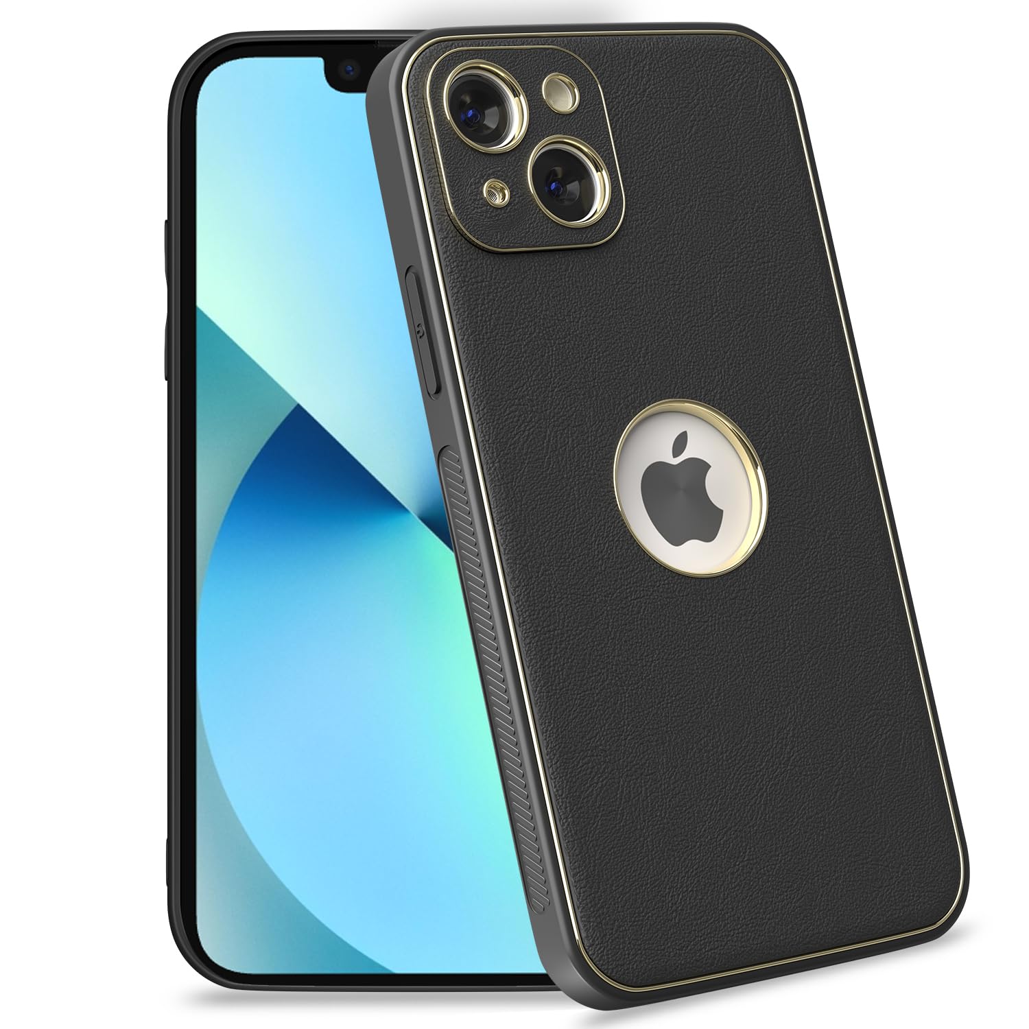 iPhone 13 Leather Silver Electroplated Chrome Back Cover-Black