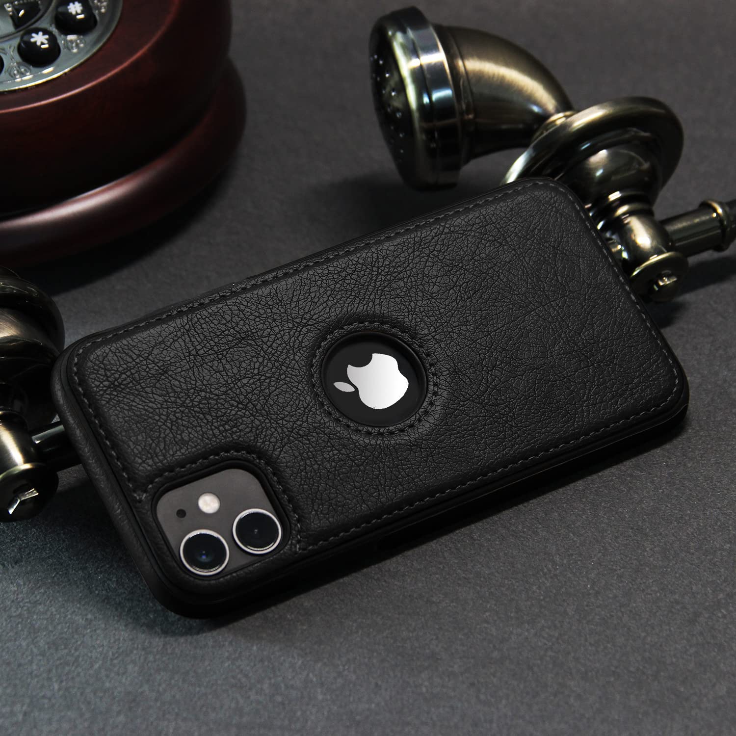 iPhone 12 Original PU Leather Case Classic Luxury Elegant with Logo Cut-Black