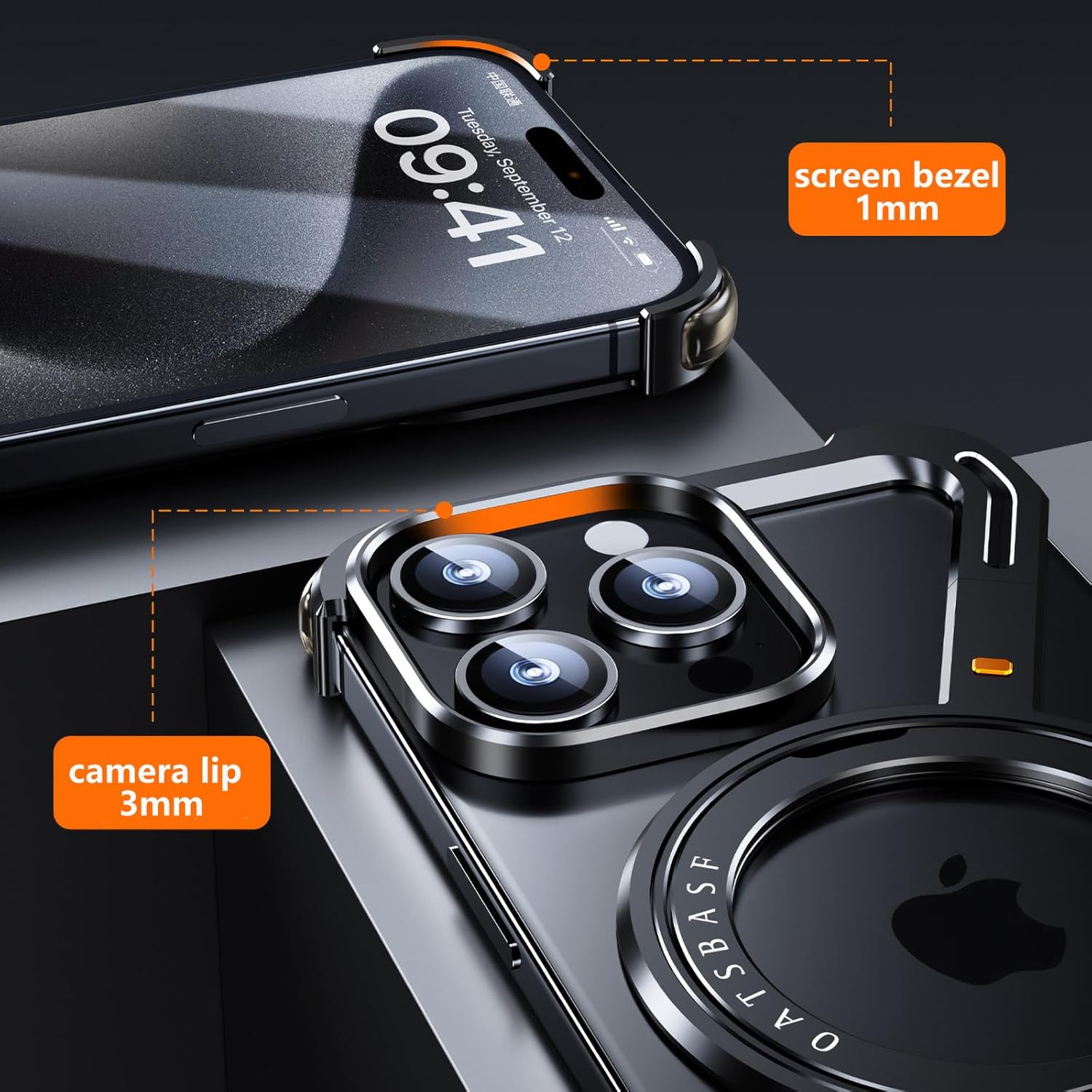 OATSBASF Minimalist Phone Case Compatible with iPhone 16 Pro Max, 360° Rotation Kickstand Aluminum Metal Frameless Design Bumper Z Case, Protective Shock Grade Shell, Black