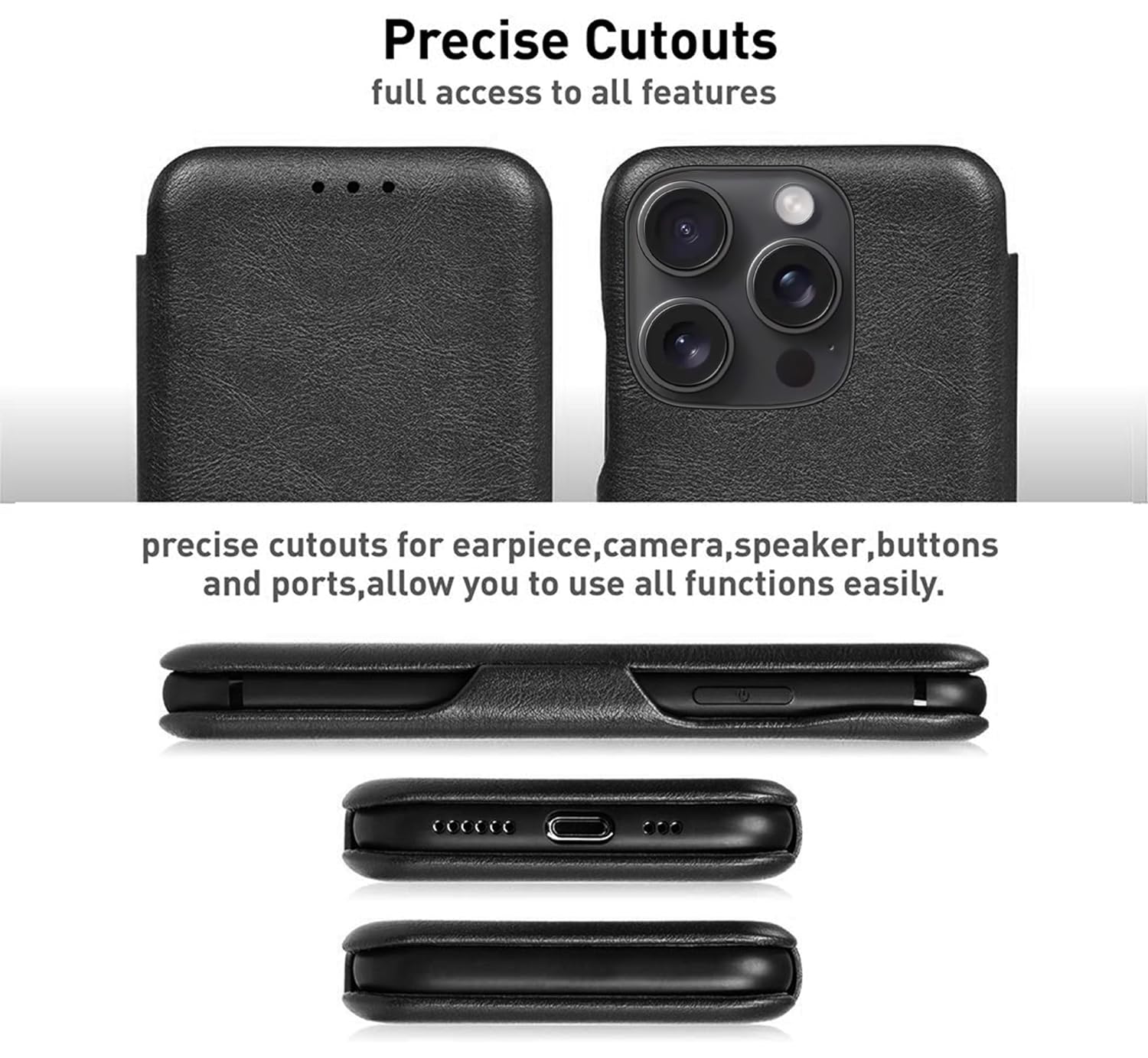 iPhone 15 Pro Max Leather Flip Cover Wallet Cover - Black