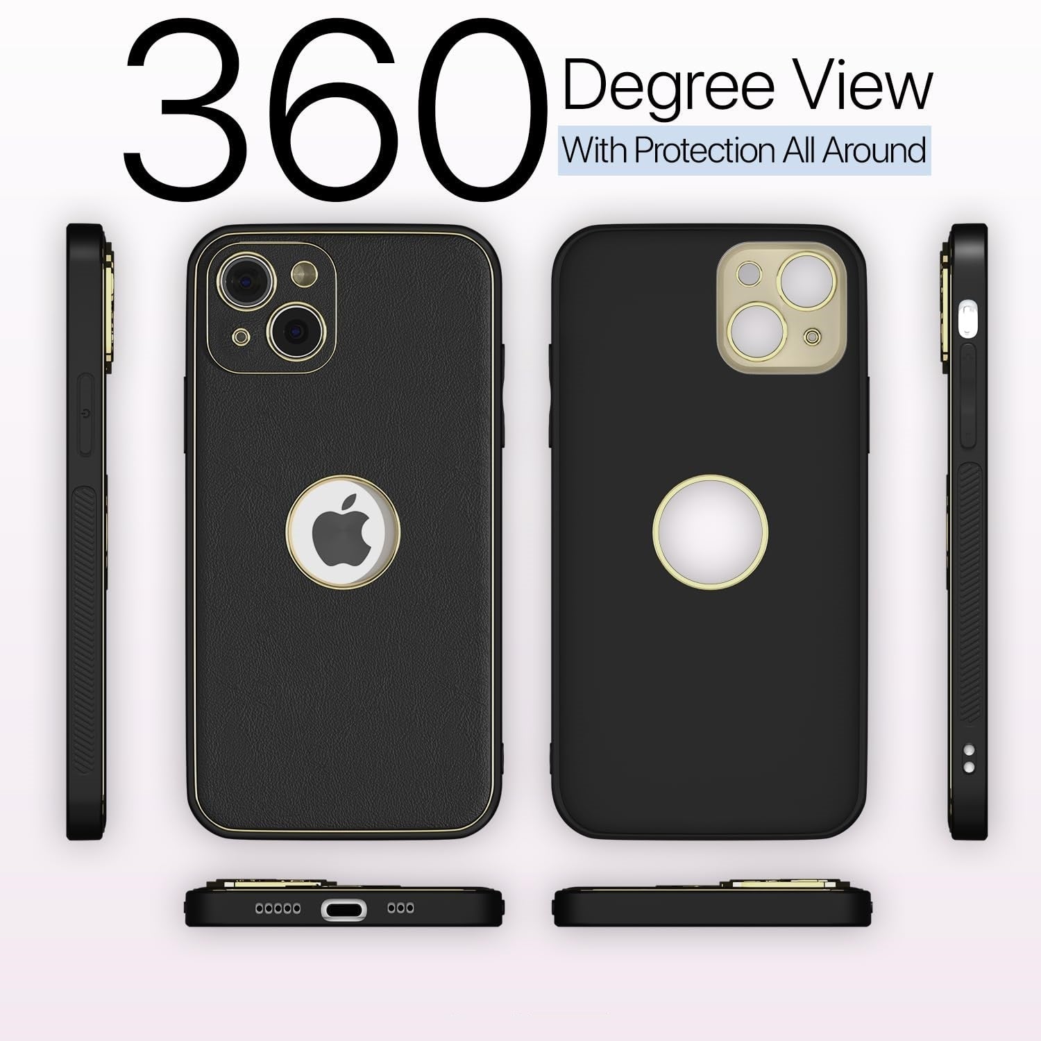 iPhone 13 Leather Silver Electroplated Chrome Back Cover-Black