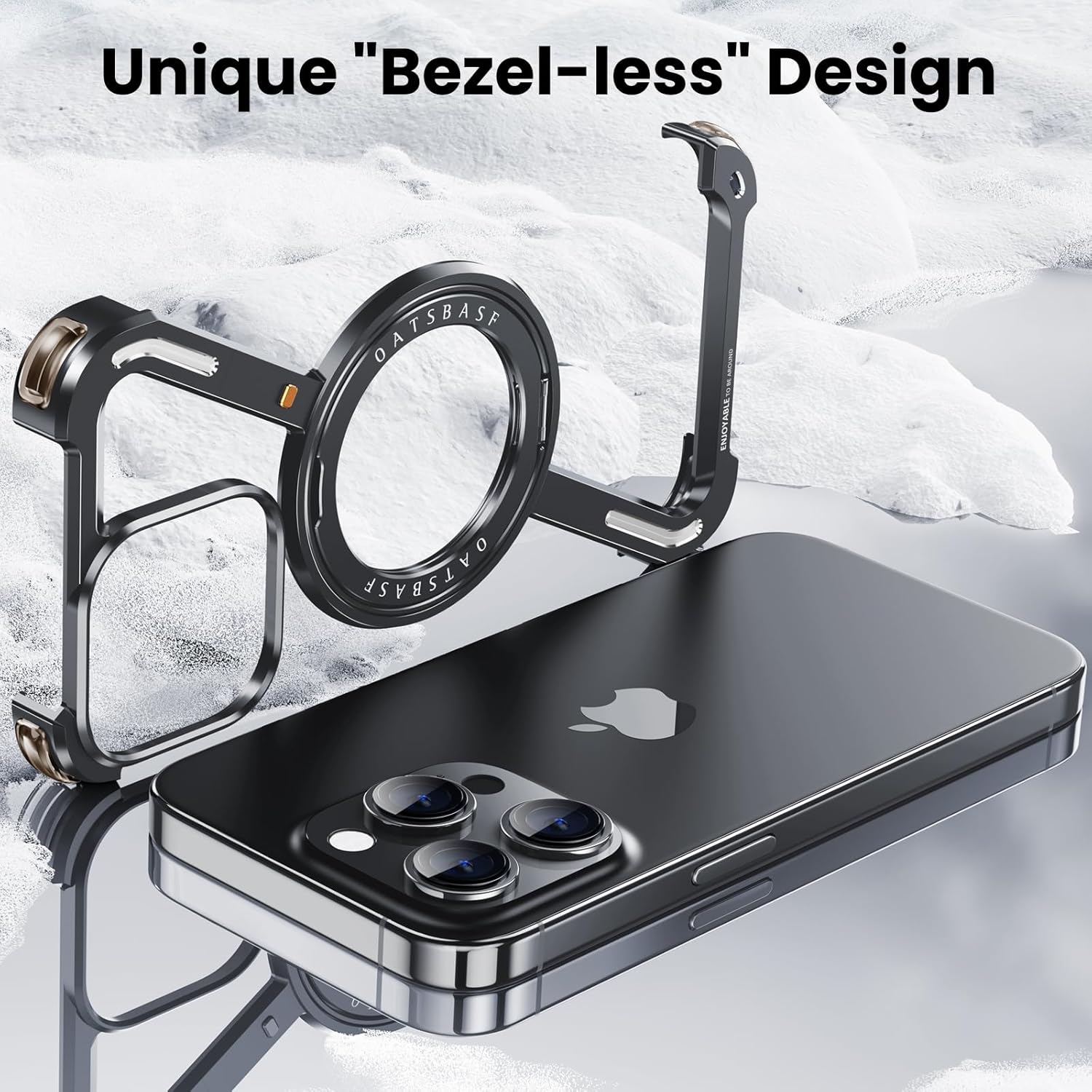 OATSBASF Minimalist Phone Case Compatible with iPhone 16 Pro Max, 360° Rotation Kickstand Aluminum Metal Frameless Design Bumper Z Case, Protective Shock Grade Shell, Black