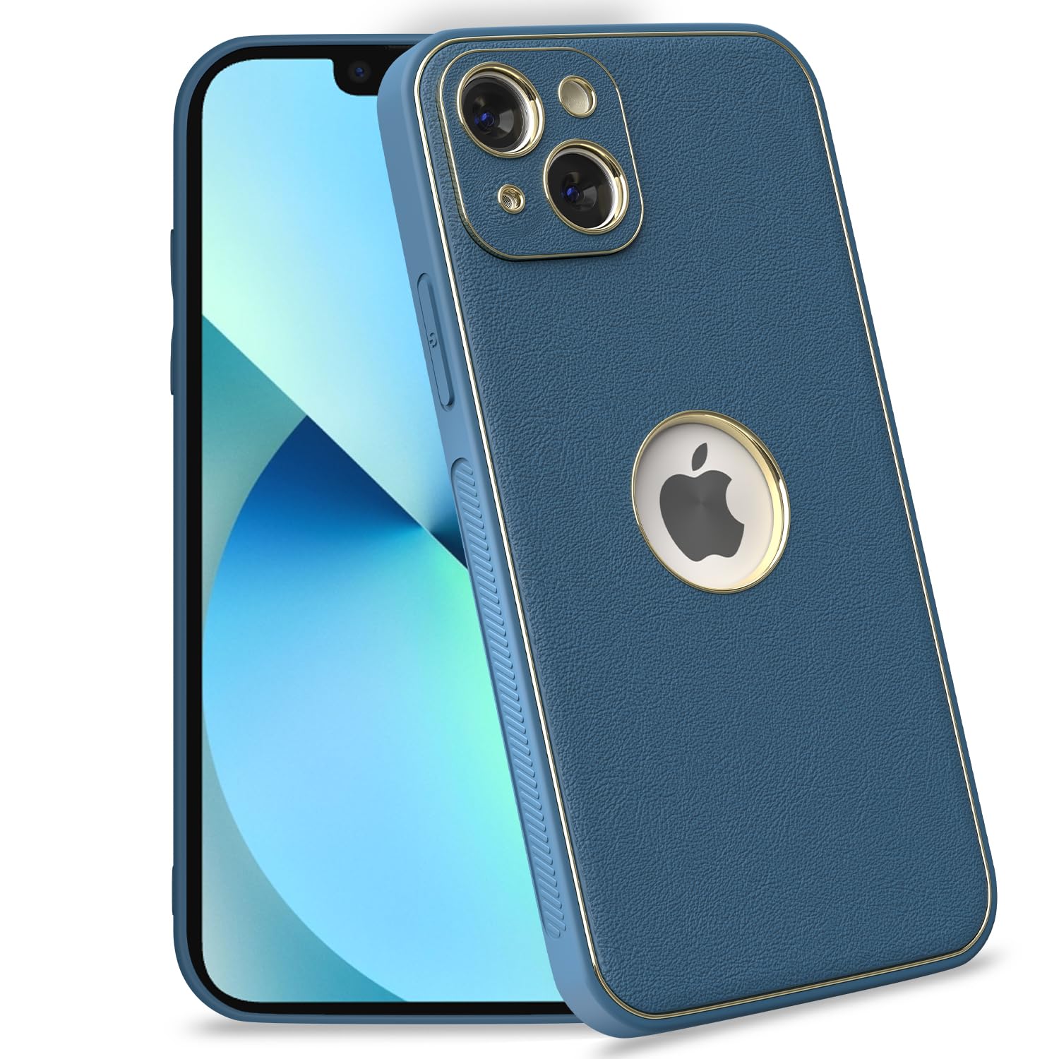 iPhone 13 Leather Silver Electroplated Chrome Back Cover-Blue