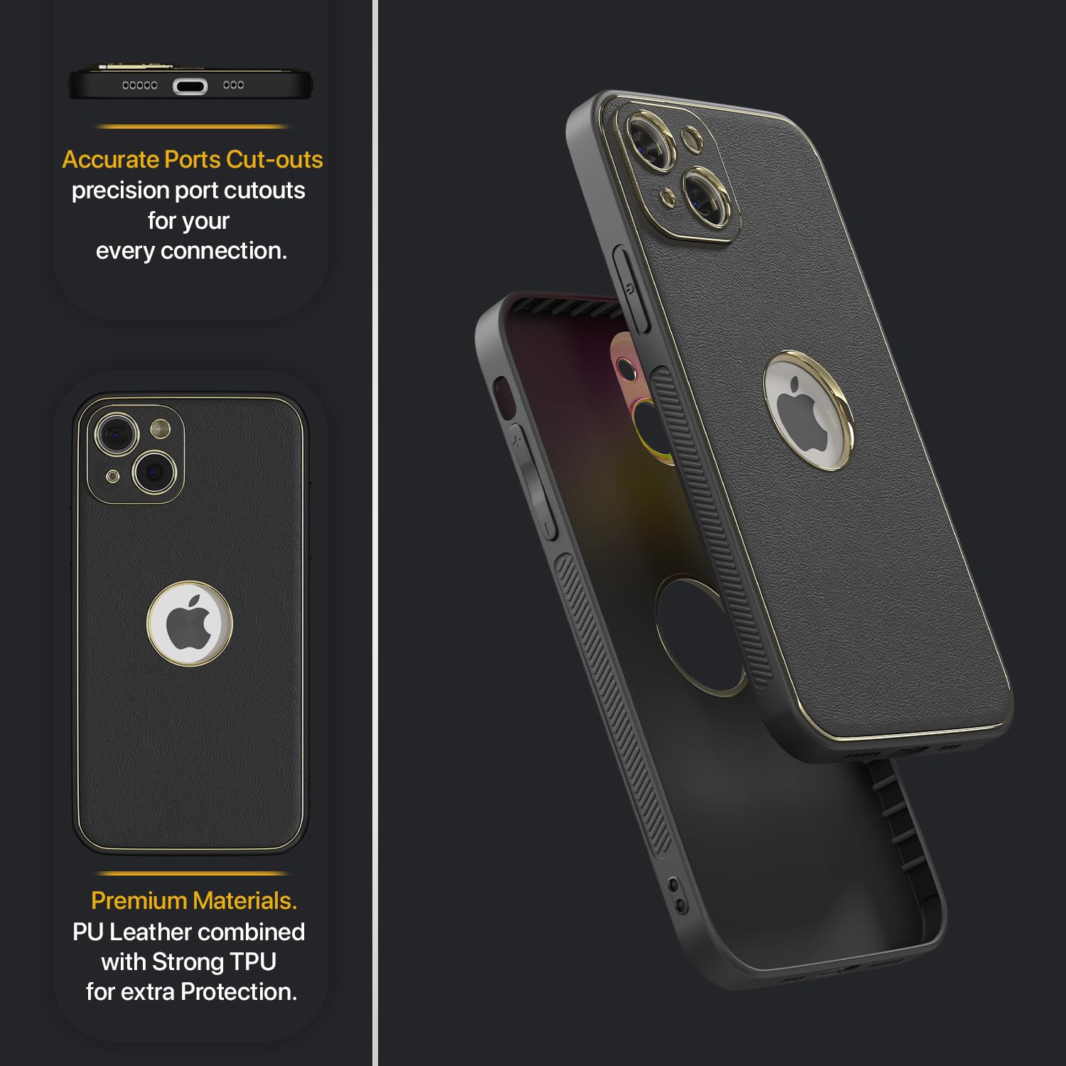 iPhone 13 Leather Silver Electroplated Chrome Back Cover-Black