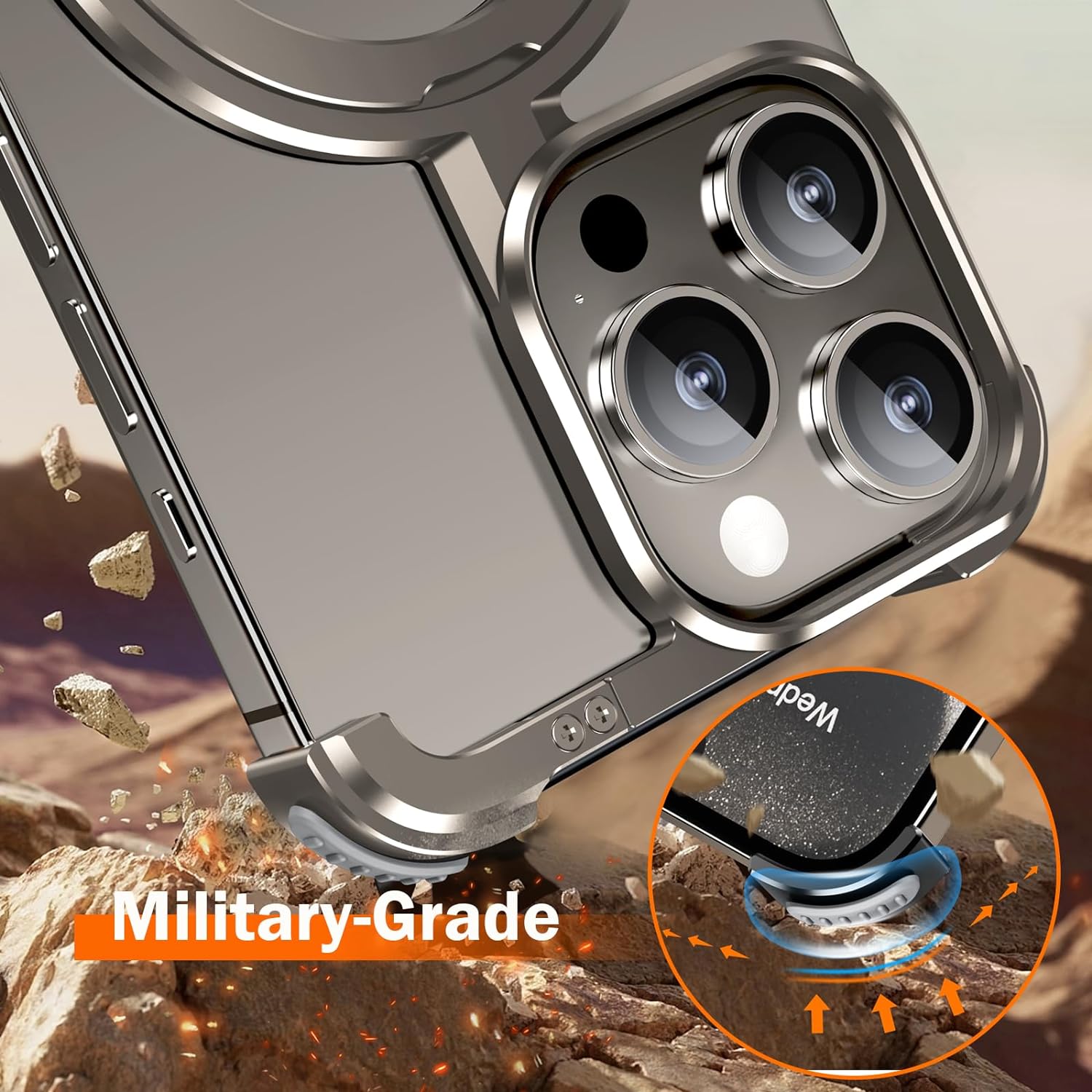 OATSBASF for iPhone 16 Pro Case, Sleek Minimalist Protective Shock Absorption Aerospace Grade Aluminum Shells with Built-in Kickstand Phone Case (Dessert Titanium, for iPhone 16 Pro)