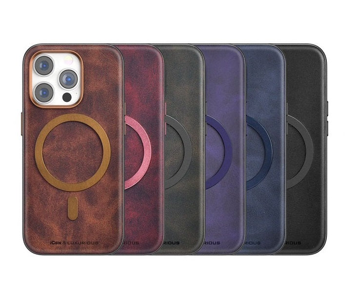 iPhone 15 Pro Max Classic Business Leather Case with Metal Magsafe Ring - Blue