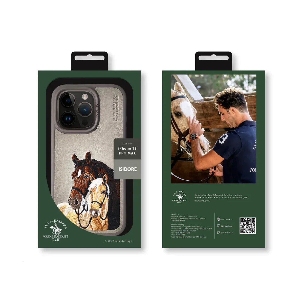 The ISIDORE Series Genuine Santa Barbara Polo Mobile Back Cover for iPhone 15 Pro Max|Men and Women||Horse Series||Embroidery Cover||Luxury Back Case||Free Leather Cover of Same Model Inside| (Titanium Grey)