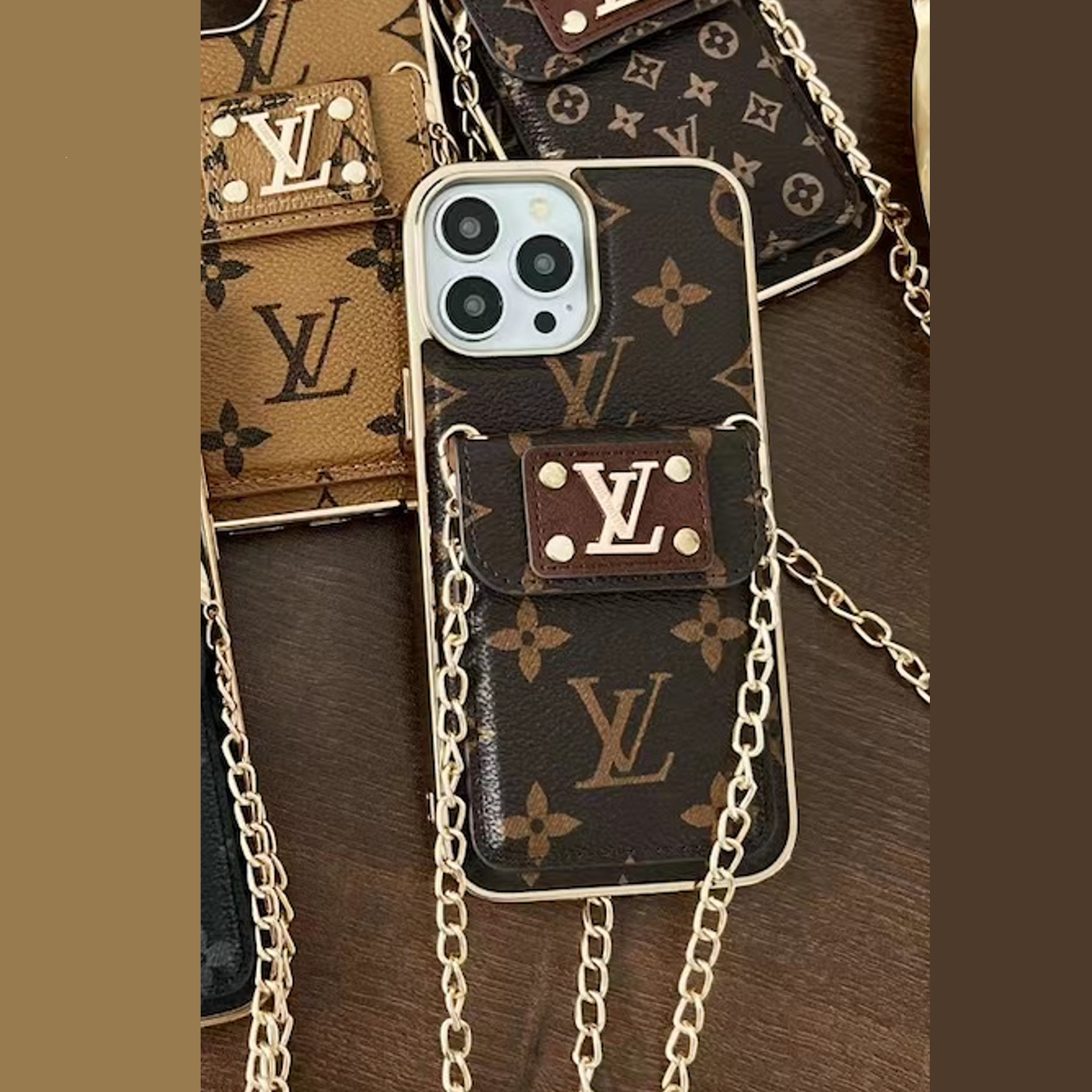 iPhone 16 Pro Max Louis Vuitton LV Leather Case with Gold Plated Chain & Pocket - Brown
