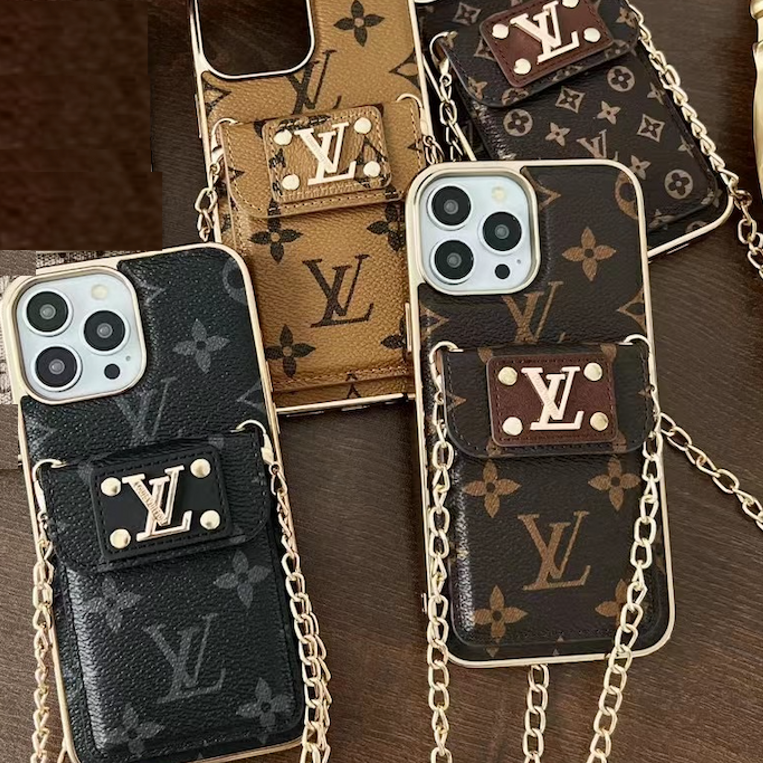 iPhone 16 Pro Max Louis Vuitton LV Leather Case with Gold Plated Chain & Pocket - Brown