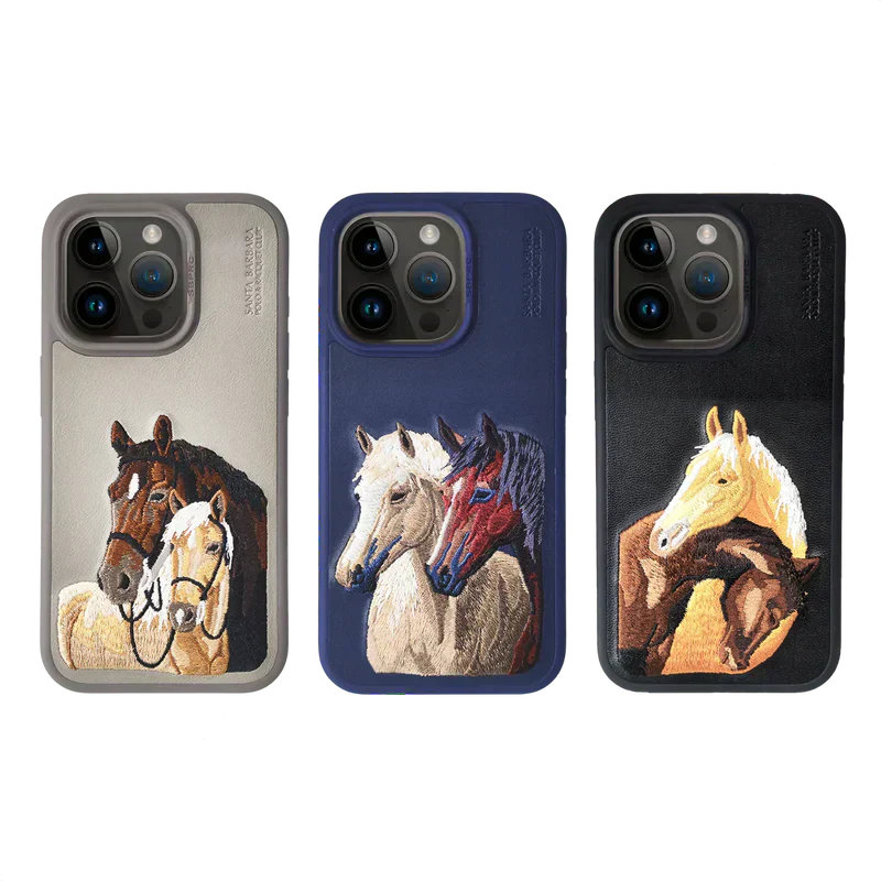The ISIDORE Series Genuine Santa Barbara Polo Mobile Back Cover for iPhone 15 |Men and Women||Horse Series||Embroidery Cover||Luxury Back Case||Free Leather Cover of Same Model Inside| (Titanium Grey)