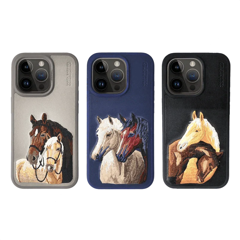 The ISIDORE Series Genuine Santa Barbara Polo Mobile Back Cover for iPhone 15 Plus |Men and Women||Horse Series||Embroidery Cover||Luxury Back Case||Free Leather Cover of Same Model Inside| (Titanium Grey)