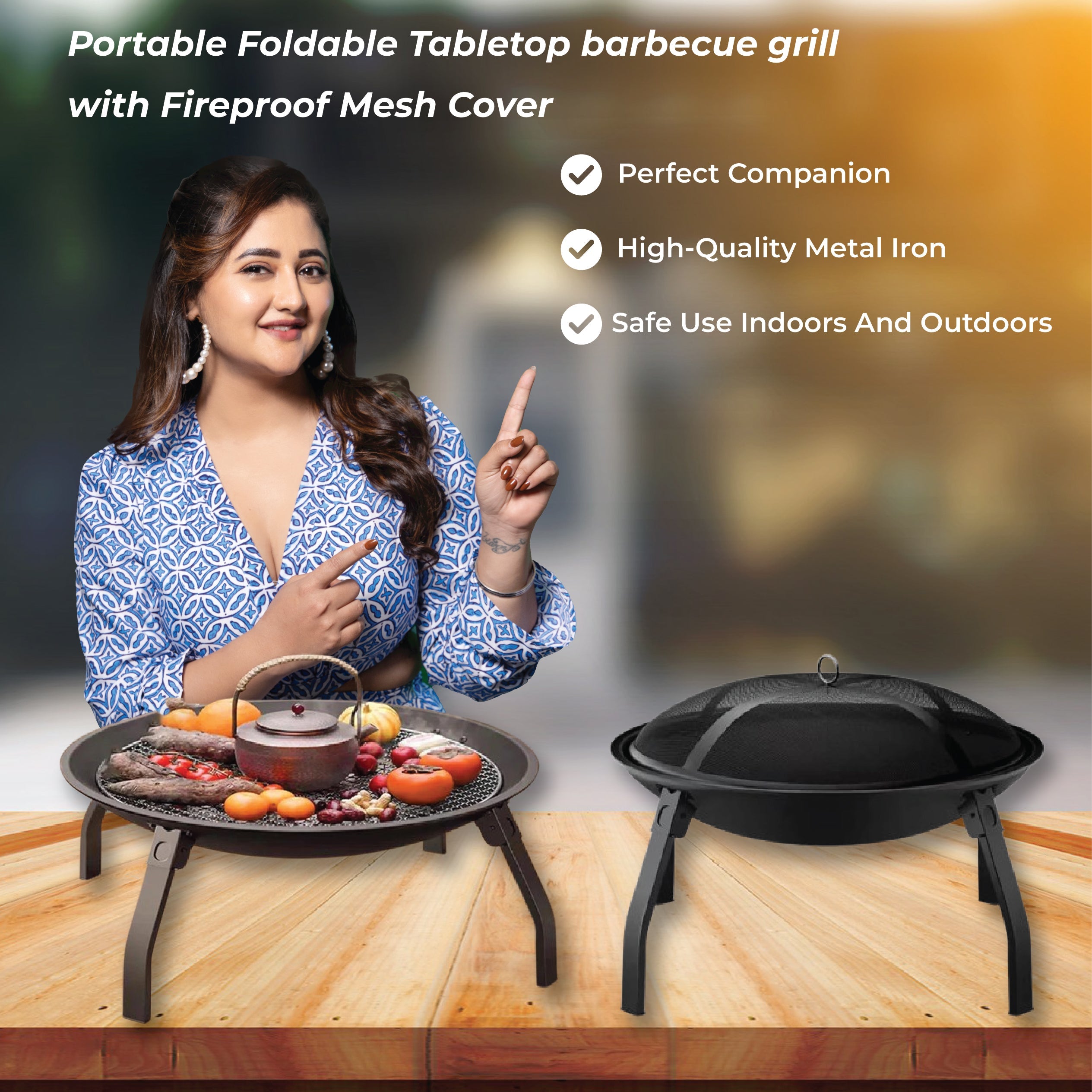 Portable Foldable Tabletop barbecue grill with Fireproof Mesh Cover