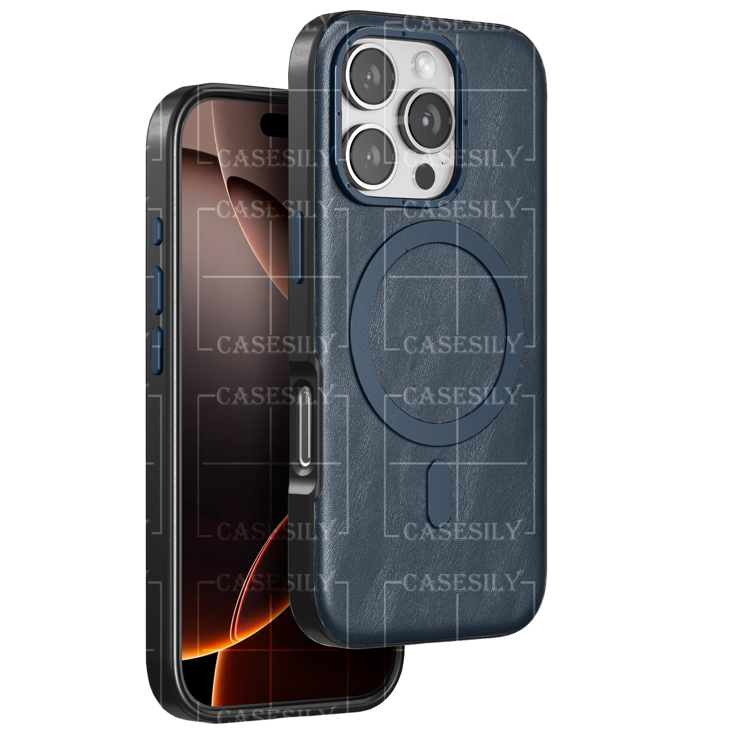 iPhone 16 Pro Classic Business Series Leather Case with Metal Magsafe Ring - Blue