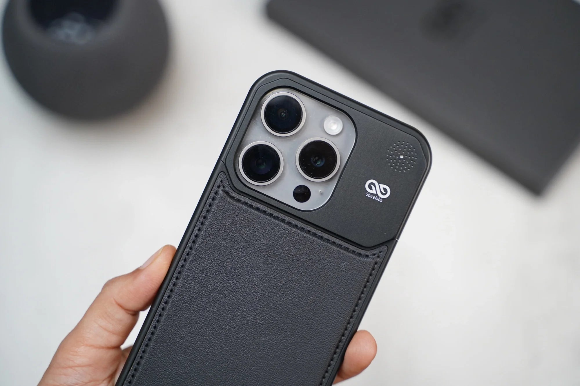 iPhone 16 Pro Max  MagSafe Vegan Leather Case with Black Metal Frame Perfume Case